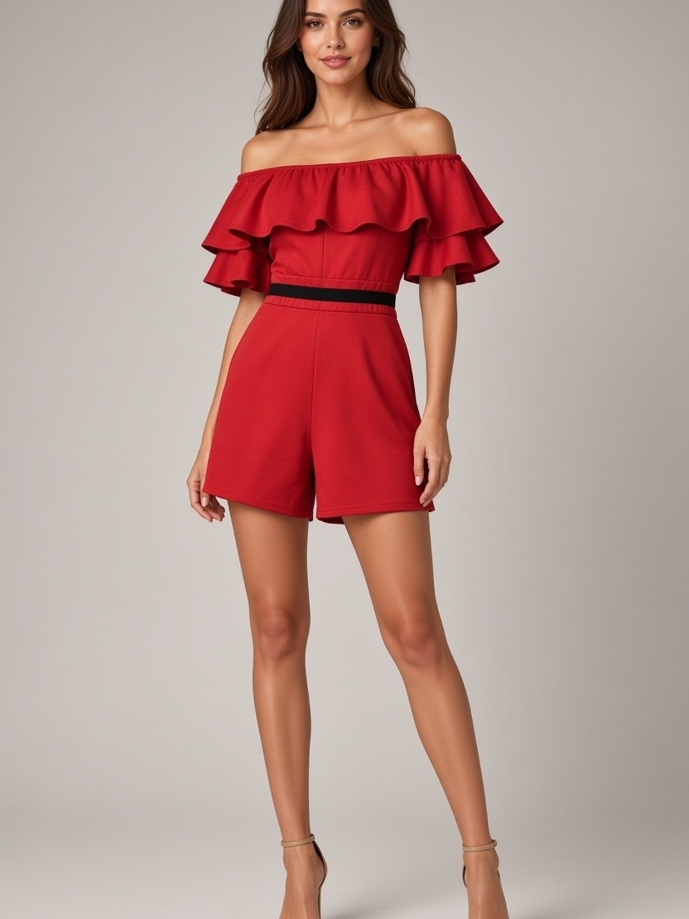 Red Off-Shoulder Ruffle Romper / Playsuit